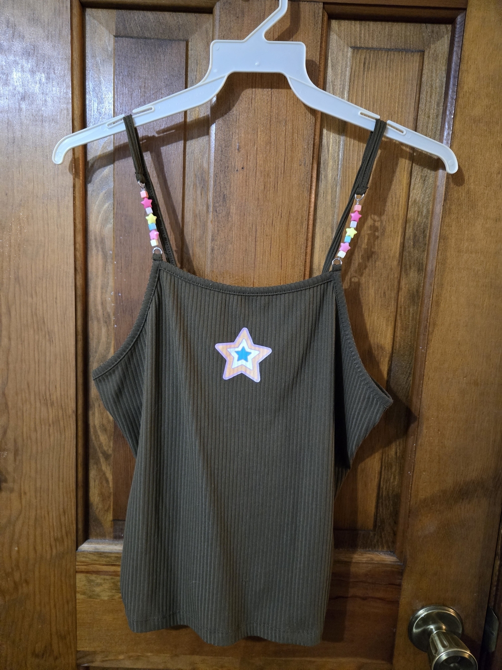 Olive Ribbed Star Appliqué Cami